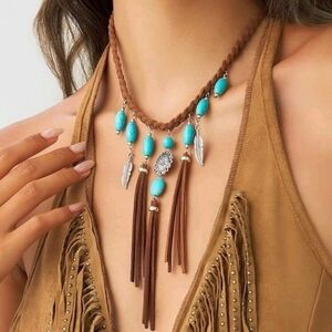 Brown Suede Fringe  Necklace